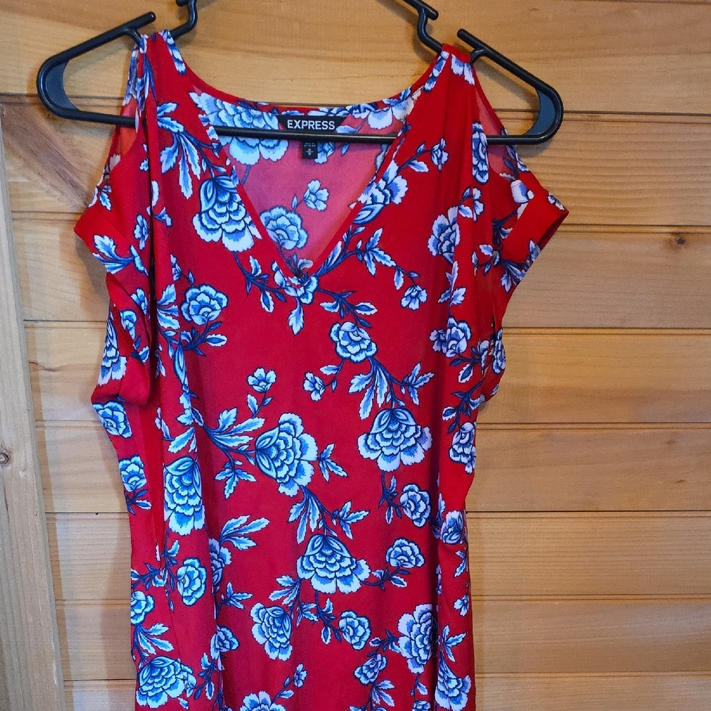 Express Red Cut Out Blouse with Blue Floral Design